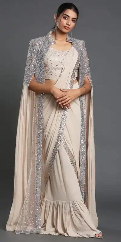 Cream Georgette Sequence Work Frill Saree