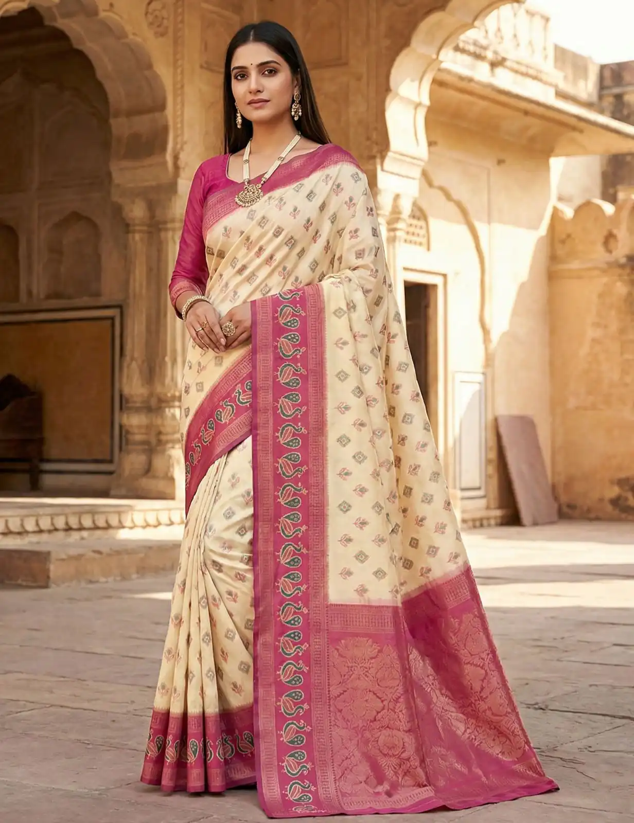 Cream Pochampalli Silk Lace Zari Work Saree