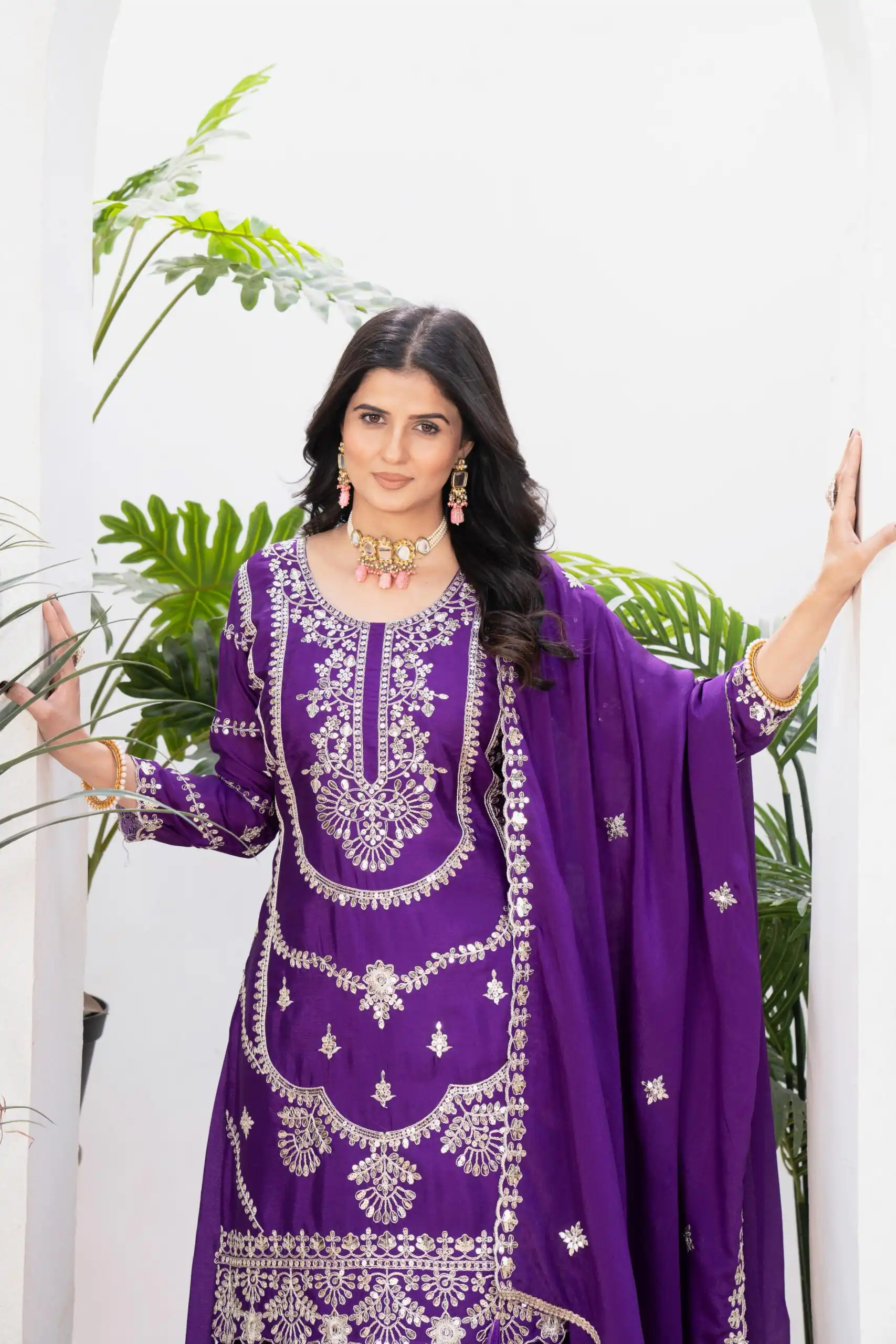ND 5033 Dark Purple Chinon Silk Salwar Suit with Embroidery Work & Lace Work. Affordable Price ₹2149. Delivery 4-6 Working Days. Shop now. | Jump Suits, Salwar suit, Casual Suits, Creative suits, Designer Suits, Palazzo Suits, Party Wear Suits, Patiala Suits, Straight Suits