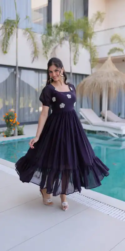 Dark Purple Fendi Silk Embroidery Bead Work Gown