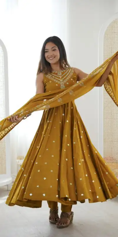 JF 038 Mustered Roman Silk Gown with Embroidery Work. Wedding, Party, Festive, Events, Navratri, Exclusive Offer ₹2149. Delivery 4-6 Working Days. Shop now. | Gowns, Bollywood Gowns, Creative Gowns, Designer Gowns, Embroidered Gowns, Party Wear Gowns