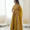 JF 038 Mustered Roman Silk Gown with Embroidery Work. Wedding, Party, Festive, Events, Navratri, Exclusive Offer ₹2149. Delivery 4-6 Working Days. Shop now. | Gowns, Bollywood Gowns, Creative Gowns, Designer Gowns, Embroidered Gowns, Party Wear Gowns