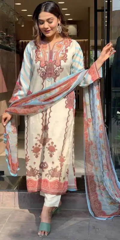 DC G24 Off White in Maslin Digital Print Salwar Suit . Wedding, Party, Festive, Events, Introductory Price ₹1649. Delivery 4-6 Working Days. Shop now. | Jump Suits, Salwar suit, Casual Suits, Creative suits, Designer Suits, Palazzo Suits, Party Wear Suits, Patiala Suits, Straight Suits