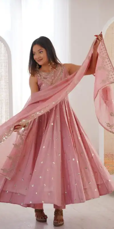 JF 038 Pink Roman Silk Gown with Embroidery Work. Wedding, Party, Festive, Events, Navratri, Exclusive Offer ₹2149. Delivery 4-6 Working Days. Shop now. | Gowns, Bollywood Gowns, Creative Gowns, Designer Gowns, Embroidered Gowns, Party Wear Gowns