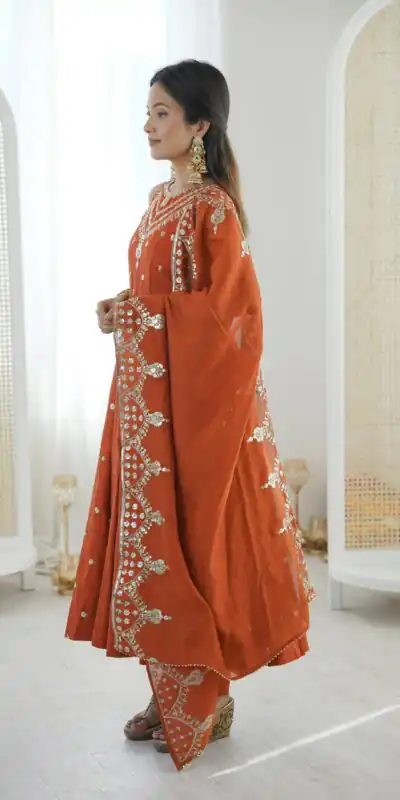 JF 038 Rust Roman Silk Gown with Embroidery Work. Wedding, Party, Festive, Events, Navratri, Exclusive Offer ₹2149. Delivery 4-6 Working Days. Shop now. | Gowns, Bollywood Gowns, Creative Gowns, Designer Gowns, Embroidered Gowns, Party Wear Gowns