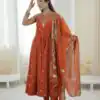JF 038 Rust Roman Silk Gown with Embroidery Work. Wedding, Party, Festive, Events, Navratri, Exclusive Offer ₹2149. Delivery 4-6 Working Days. Shop now. | Gowns, Bollywood Gowns, Creative Gowns, Designer Gowns, Embroidered Gowns, Party Wear Gowns