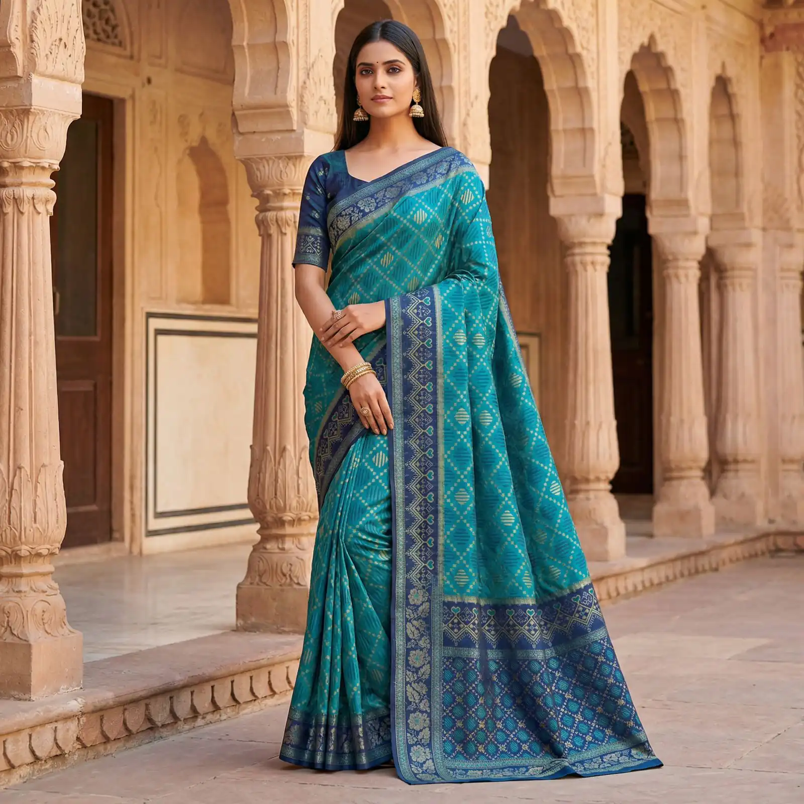 Firozi Pochampalli Lace Zari Work Saree