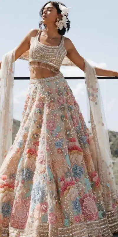 KF 1432 Cream | Color Georgette Lehenga Choli with Embroidery Work. Available at ₹3099 only. Delivery 4-6 Working Days. Shop now. | Lehenga, Bollywood Lehenga, Creative Lehenga, Designer Lehenga, Embroidered Lehenga, Party Wear Lehenga