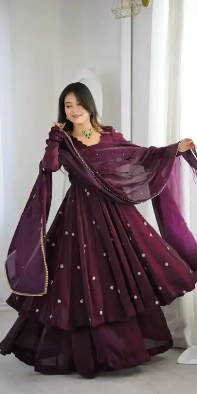 ZF 5019 Wine Crunchy Silk Gown with Embroidery Work. Wedding, Party, Festive, Events Best Price ₹2149. Delivery 4-6 Working Days. Shop now. | Gowns, Bollywood Gowns, Creative Gowns, Designer Gowns, Embroidered Gowns, Party Wear Gowns