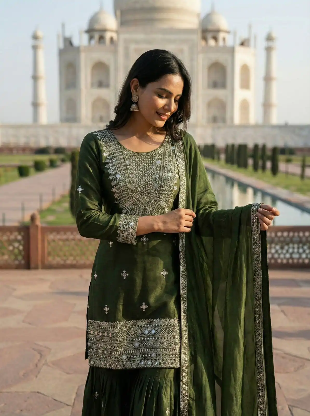 Green Zimmy Silk Embroidery Work Work Sawar Suit - Image 2