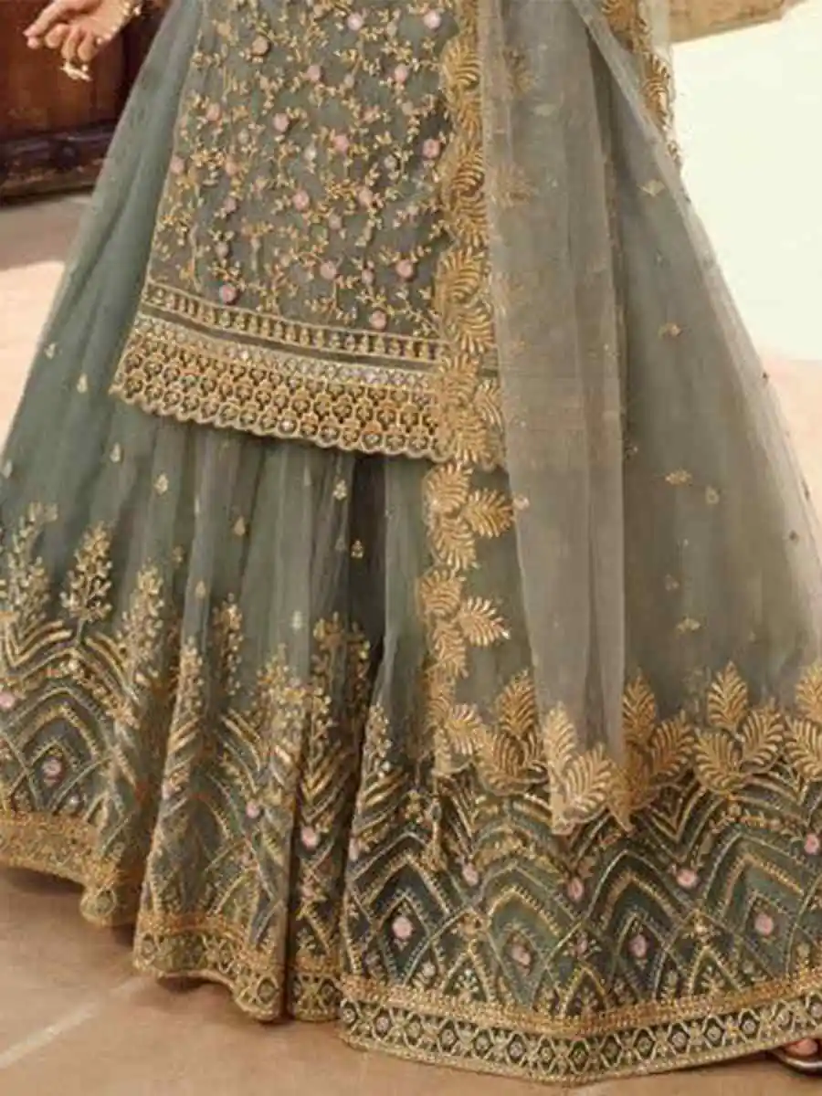 Grey Soft Net With Embroidery Work Salwar Suit - Image 3