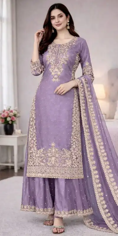 Lavender Organza Silk Embroidery Work Salwar Suit