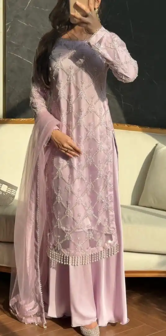 Light Pink Soft Net Lace Embroidery Work Salwar Suit - Image 3