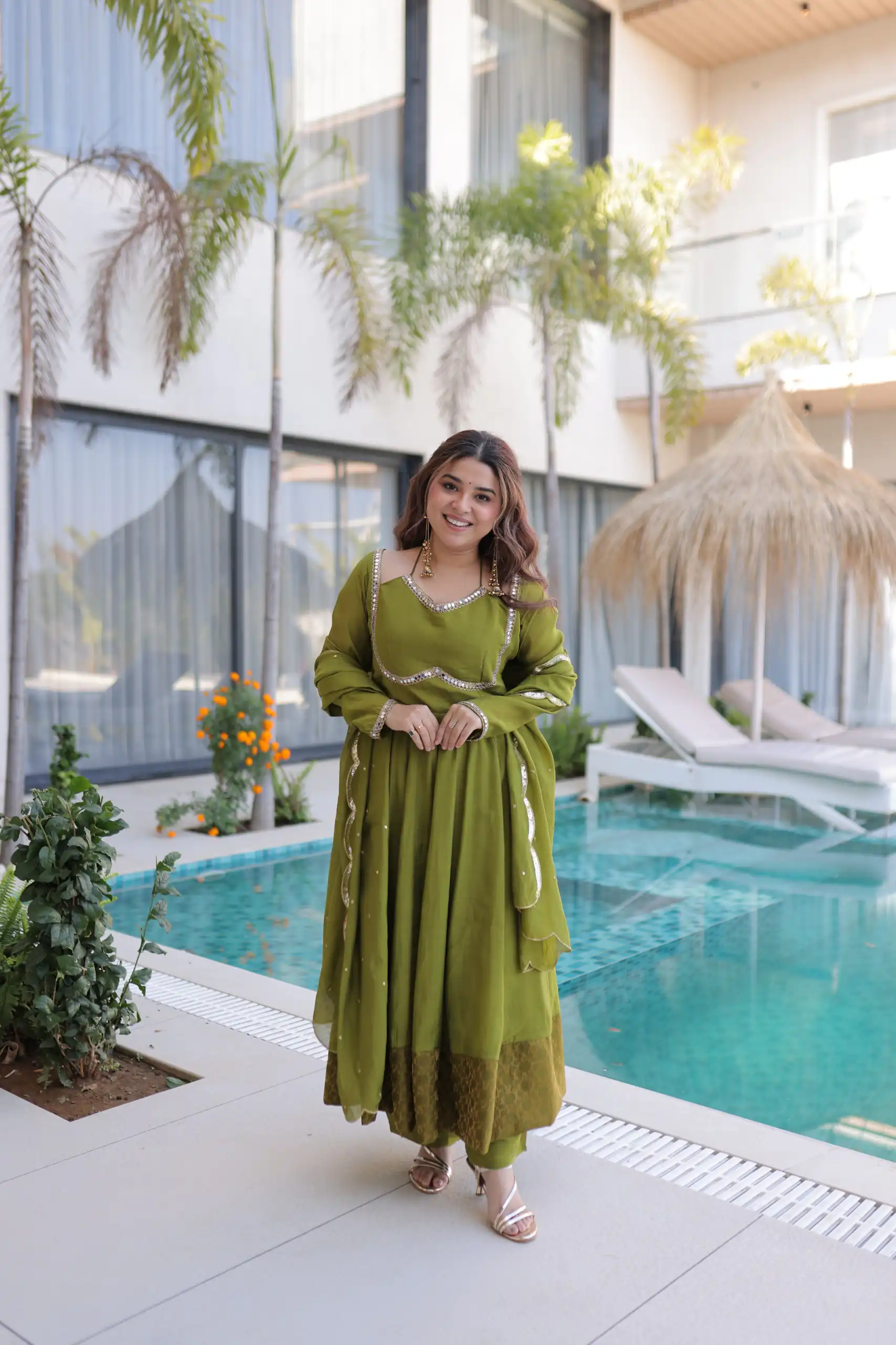 KA 1237 Mehendi Mul Chanderi Anarkali Suit with Embroidery Work & Mirror Work. Grab it for ₹2449. Delivery 4-6 Working Days. Shop now. | Anarkali Suits, Bollywood Anarkali, Creative-Anarkali, Designer Anarkali, Embroidered Anarkali, Party Wear Anarkali