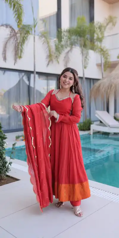 KA 1237 Red Mul Chanderi Anarkali Suit with Embroidery Work & Mirror Work. Grab it for ₹2449. Delivery 4-6 Working Days. Shop now. | Anarkali Suits, Bollywood Anarkali, Creative-Anarkali, Designer Anarkali, Embroidered Anarkali, Party Wear Anarkali