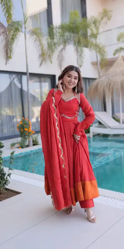 KA 1237 Red Mul Chanderi Anarkali Suit with Embroidery Work & Mirror Work. Grab it for ₹2449. Delivery 4-6 Working Days. Shop now. | Anarkali Suits, Bollywood Anarkali, Creative-Anarkali, Designer Anarkali, Embroidered Anarkali, Party Wear Anarkali