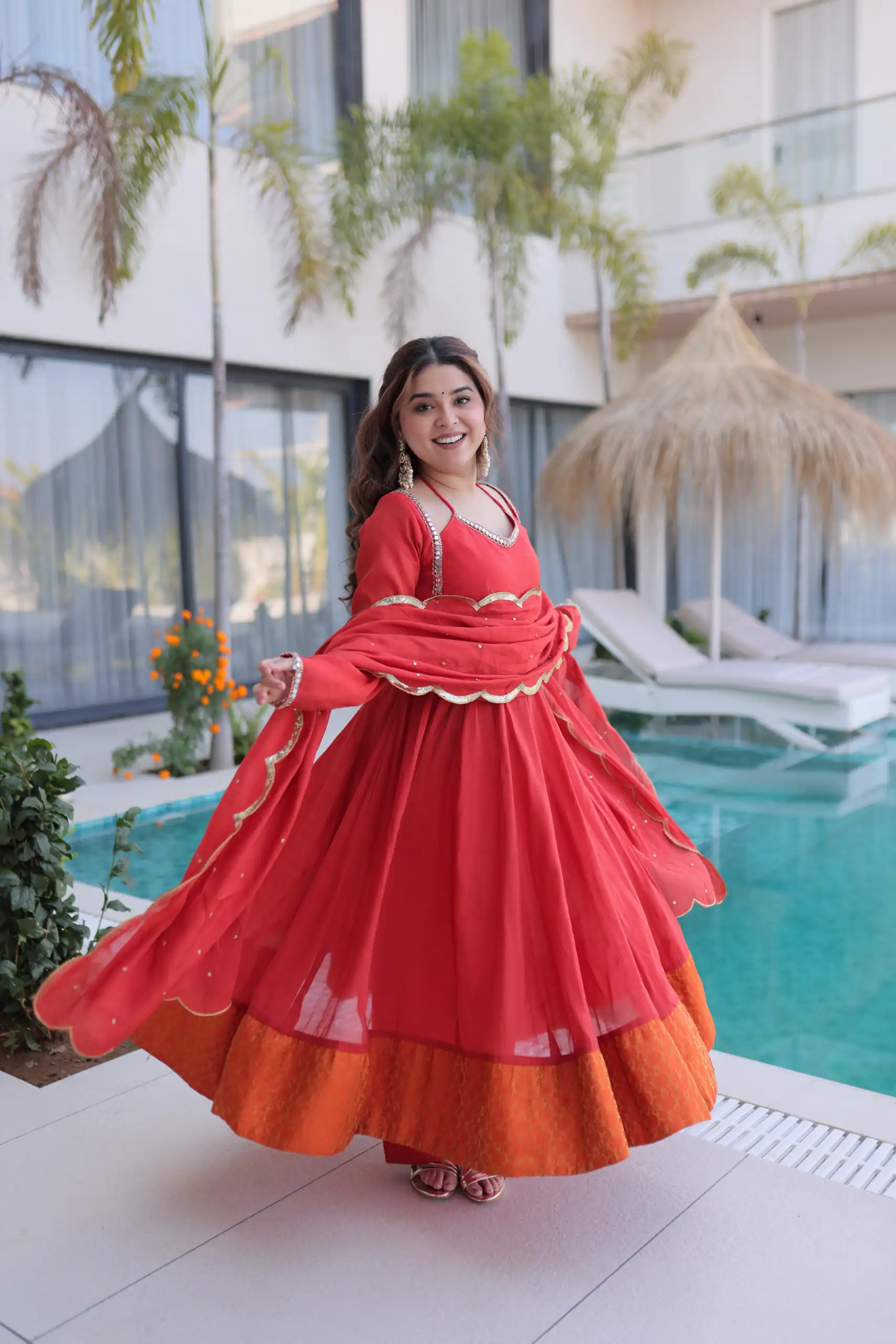 KA 1237 Red Mul Chanderi Anarkali Suit with Embroidery Work & Mirror Work. Grab it for ₹2449. Delivery 4-6 Working Days. Shop now. | Anarkali Suits, Bollywood Anarkali, Creative-Anarkali, Designer Anarkali, Embroidered Anarkali, Party Wear Anarkali