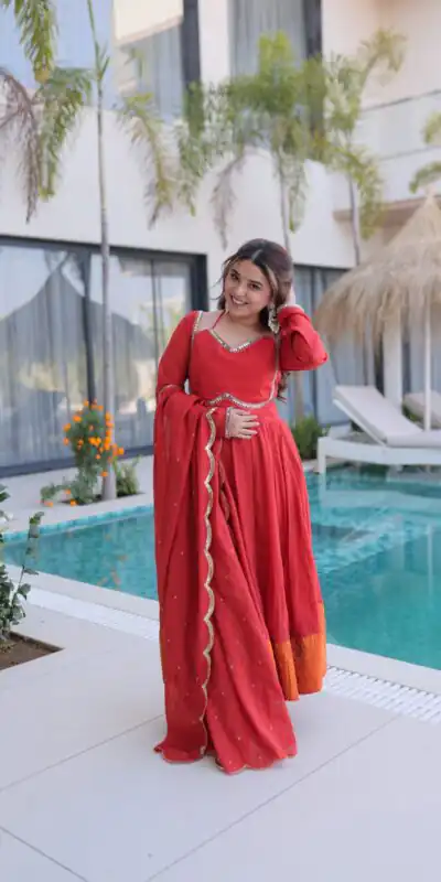 KA 1237 Red Mul Chanderi Anarkali Suit with Embroidery Work & Mirror Work. Grab it for ₹2449. Delivery 4-6 Working Days. Shop now. | Anarkali Suits, Bollywood Anarkali, Creative-Anarkali, Designer Anarkali, Embroidered Anarkali, Party Wear Anarkali