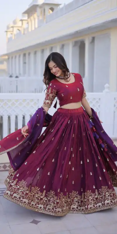 KA 5067 Maroon in Fendi Silk Embroidery Work & Zari Work Lehenga Choli . Affordable Price ₹3049. Delivery 4-6 Working Days. Shop now. | Lehenga, Bollywood Lehenga, Creative Lehenga, Designer Lehenga, Embroidered Lehenga, Party Wear Lehenga