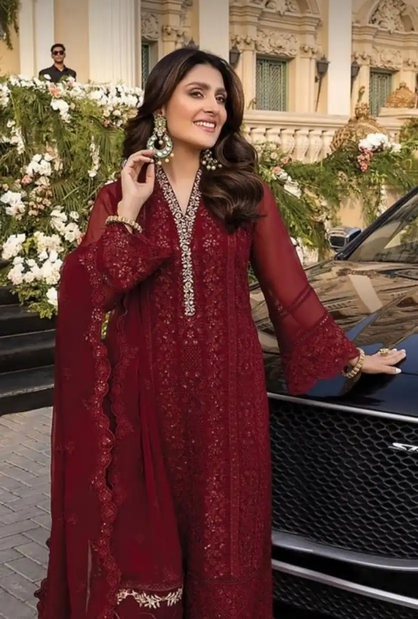 Maroon Faux Georgette Embroider Work Salwar Suit - Image 3
