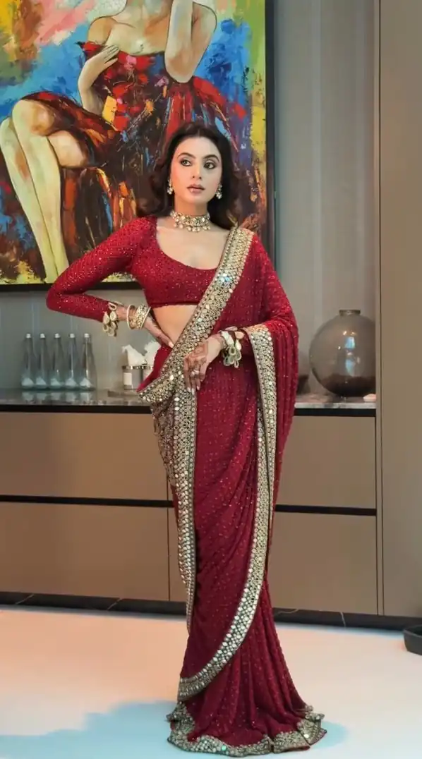 Maroon Georgette Embroidery Mirror Work Saree - Image 2