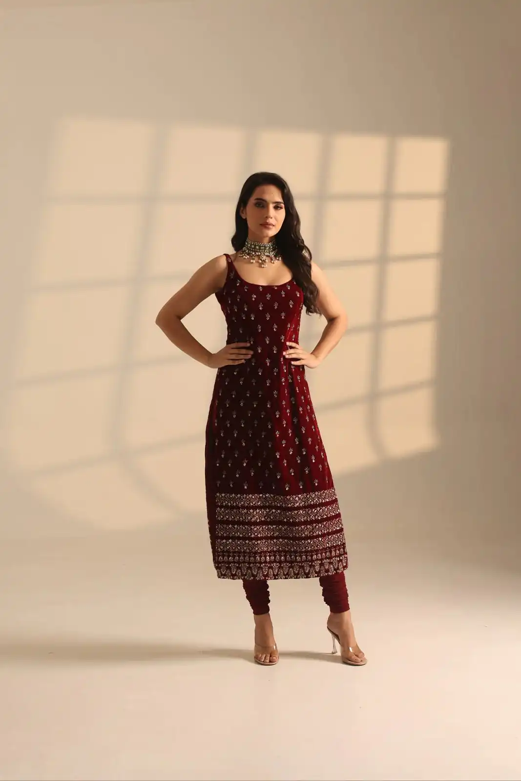 Maroon Roman Glass Embroidery Work Salwar Suit