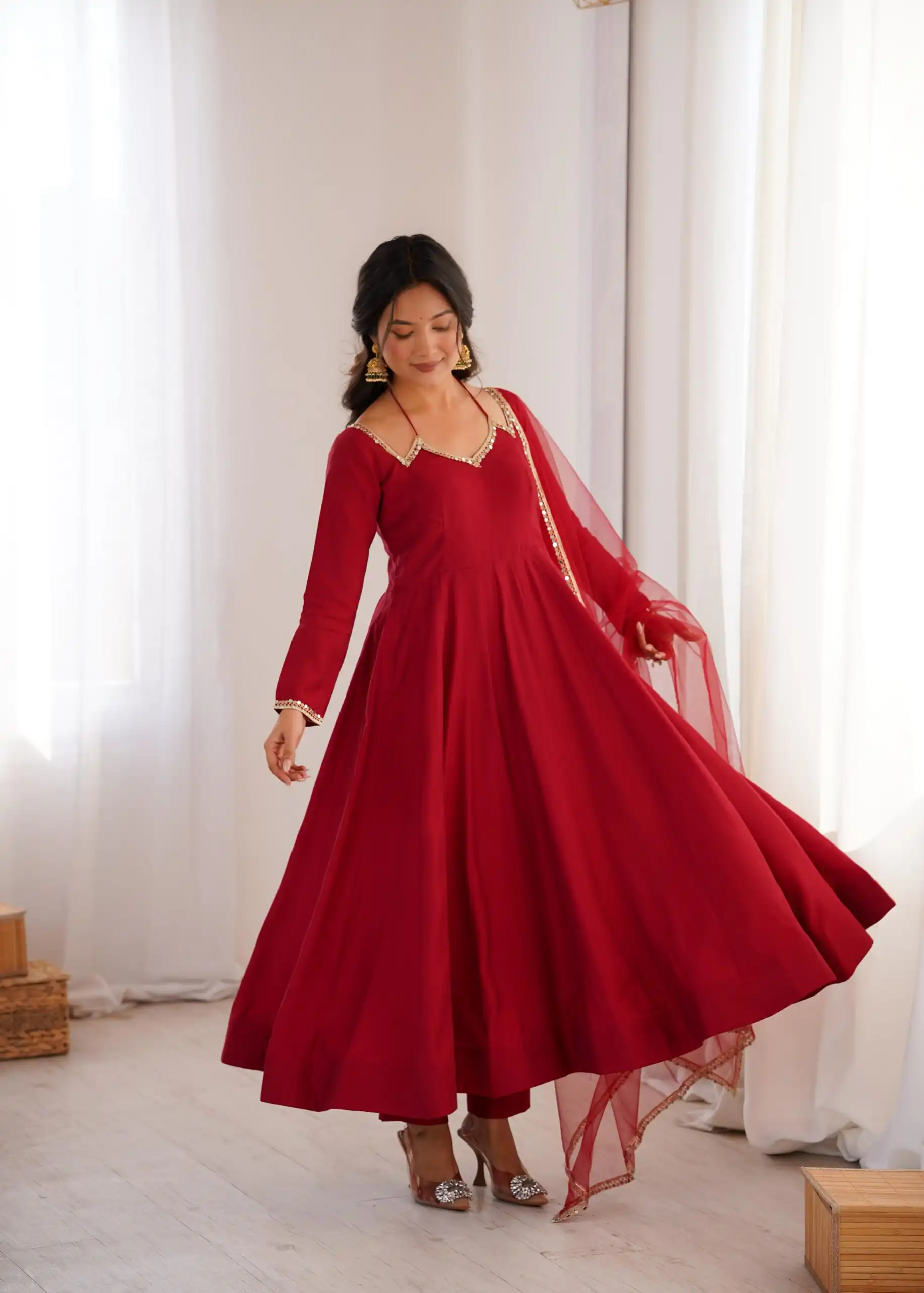 Maroon Soft Nylon Net Mirror Lace Work Anarkali Suit - Image 2