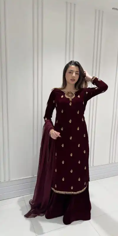Maroon Velvet Embroidery Work Salwar Suit