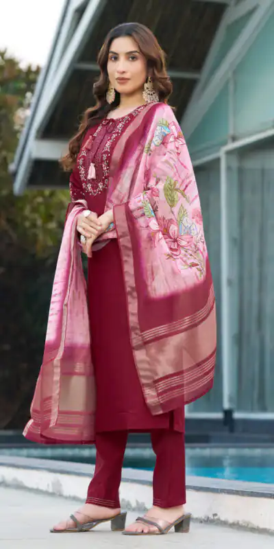 DIVA 115 Maroon Viscose Silk Salwar Suit with Digital Print & Embroidery Work. Festive Deal ₹2049. Delivery 4-6 Working Days. Shop now. | Jump Suits, Salwar suit, Casual Suits, Creative suits, Designer Suits, Palazzo Suits, Party Wear Suits, Patiala Suits, Straight Suits