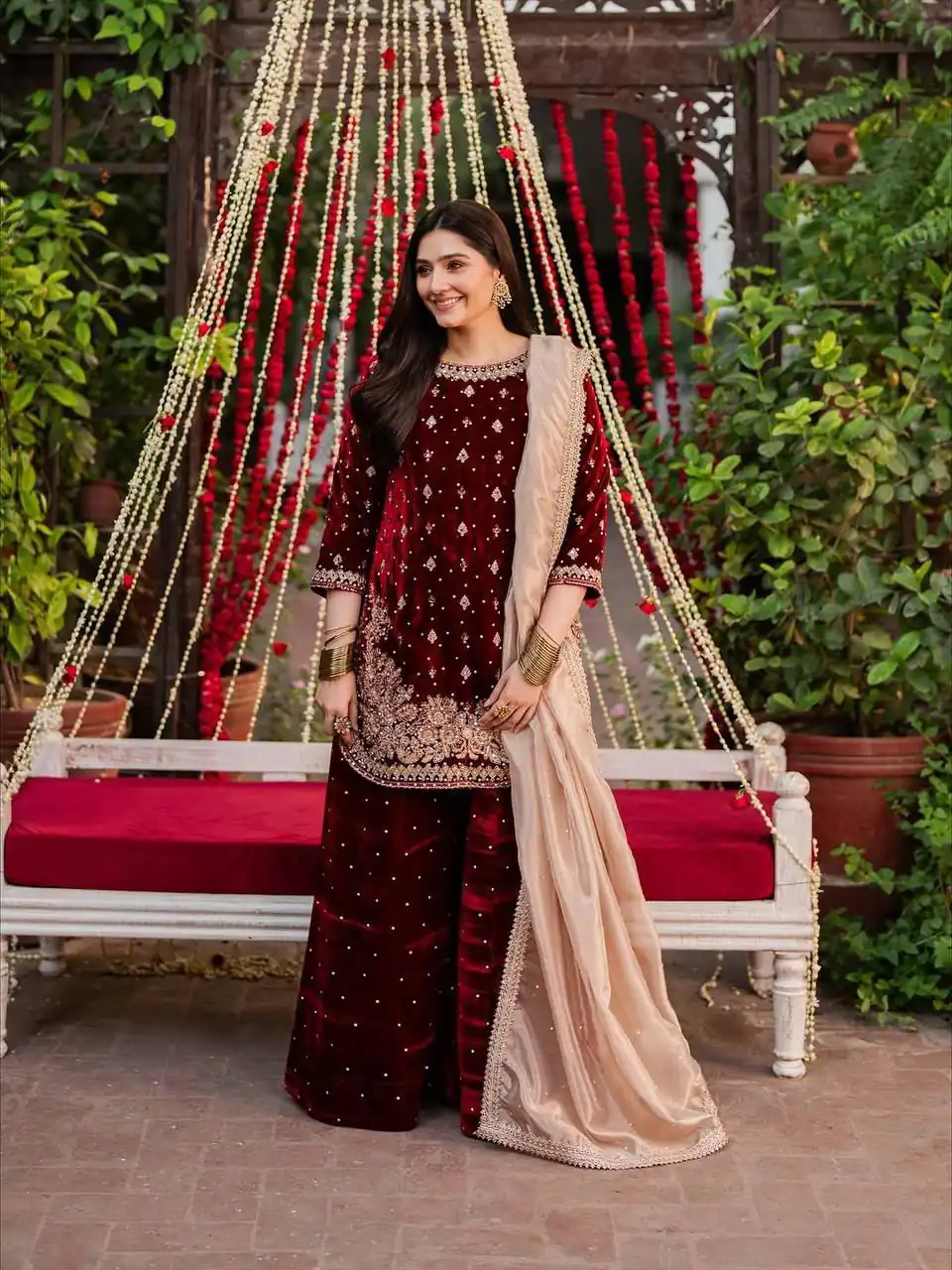 Maroon Viscose Velvet Thread Sequence Work Salwar Suit