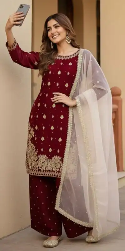 KF 1717 Maroon Zimmy Silk Salwar Suit with Lace Work & Embroidery Work. Affordable Price ₹2149. Delivery 4-6 Working Days. Shop now. | Jump Suits, Salwar suit, Casual Suits, Creative suits, Designer Suits, Palazzo Suits, Party Wear Suits, Patiala Suits, Straight Suits