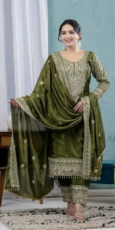 MF 444 Mehandi Chnnon Silk Salwar Suit with Lace Work & Embroidery Work. Introductory Price ₹2099. Delivery 4-6 Working Days. Shop now. | Jump Suits, Salwar suit, Casual Suits, Creative suits, Designer Suits, Palazzo Suits, Party Wear Suits, Patiala Suits, Straight Suits