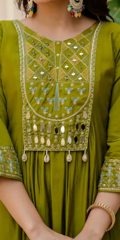 Mehendi Viscose Roman Silk Mirror Work Anarkali Suit