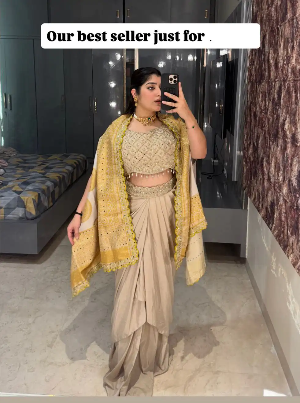 Mustered Crap Silk Embroidery Mirror Work Dhoti Suit - Image 5