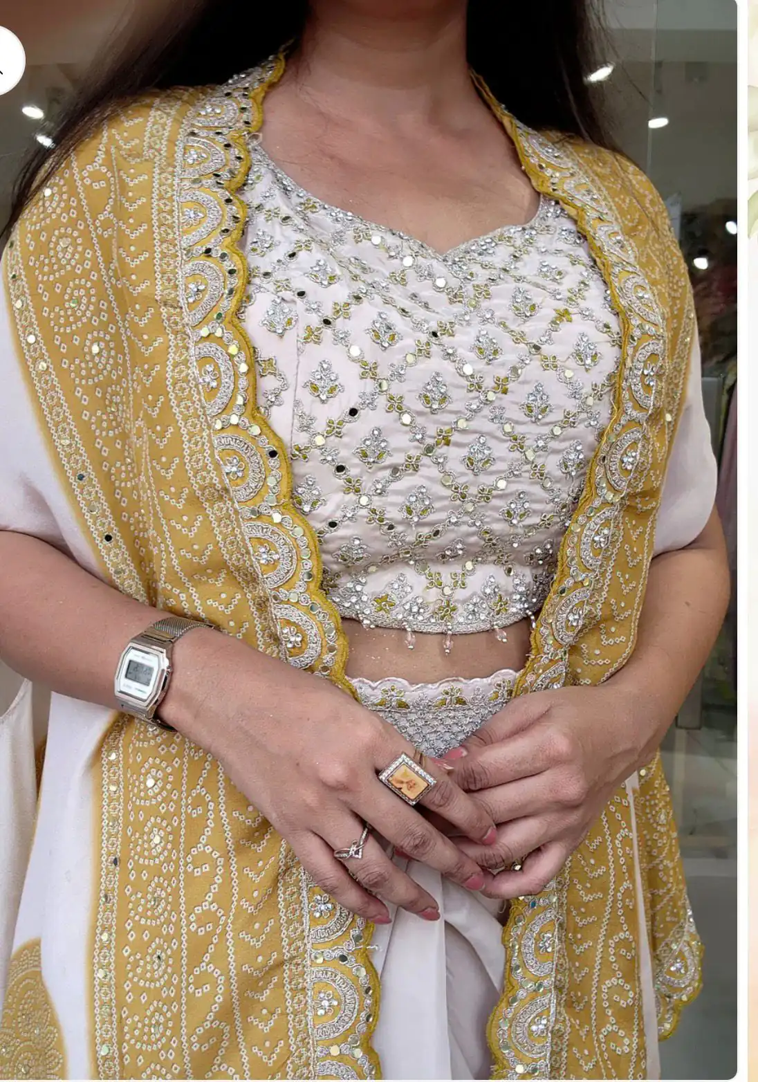 Mustered Crap Silk Embroidery Mirror Work Dhoti Suit - Image 4