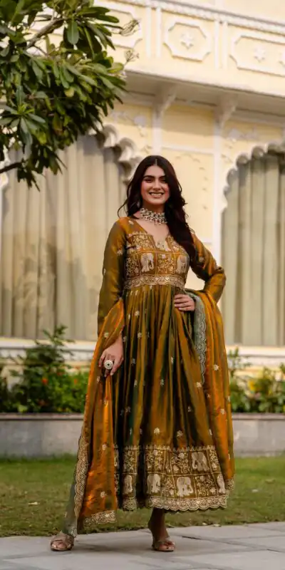 Mustered Fendy Satin Embroidery Work Gown