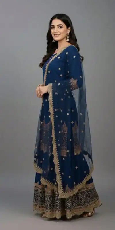 ZF 250 Navy Blue Color Faux Georgette Embroidery Sequence Work Sharara Suit Wedding, Party, Festive, Events Etc. Expected Delivery 4-6 Working Days @2099/- | Jump Suits, Salwar suit, Casual Suits, Creative suits, Designer Suits, Palazzo Suits, Party Wear Suits, Patiala Suits, Straight Suits