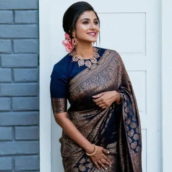 Navy Blue Lichi Silk Jacquard Lace Saree