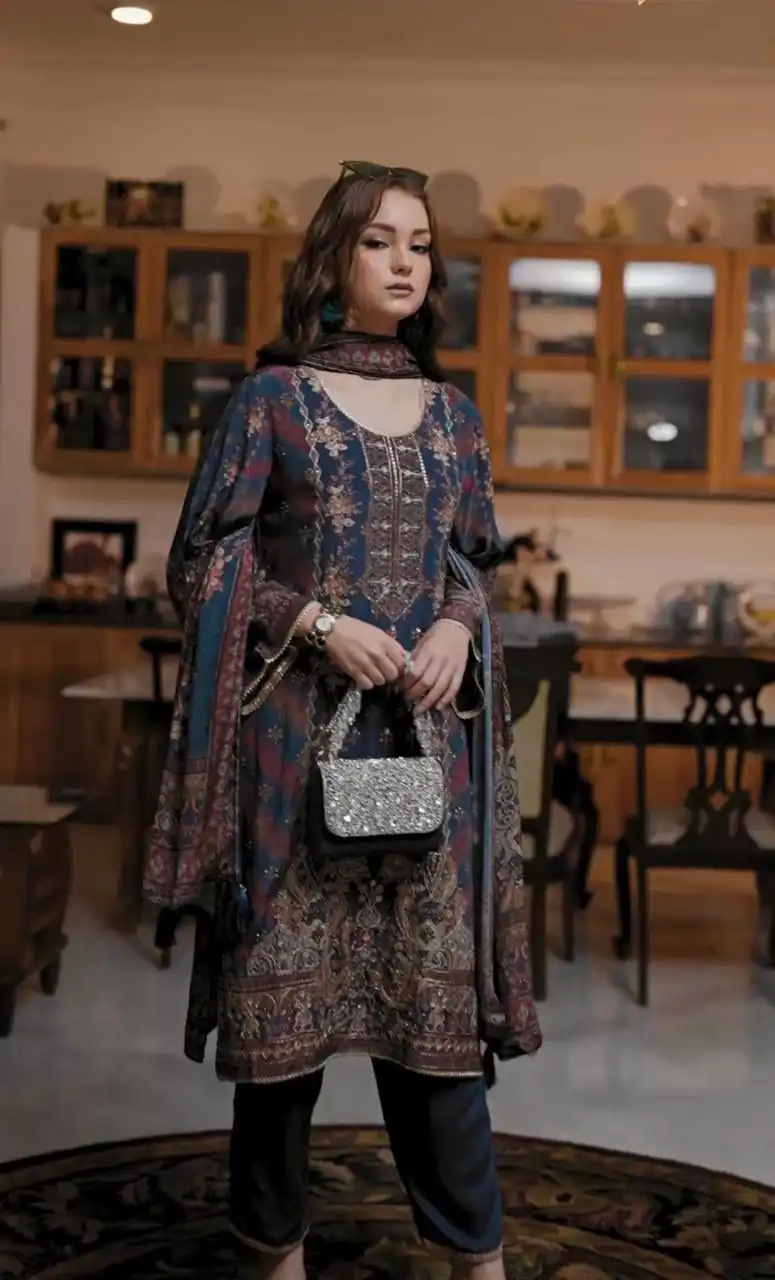 Navy Blue Tabby Satin Digital Print Salwar Suit - Image 3