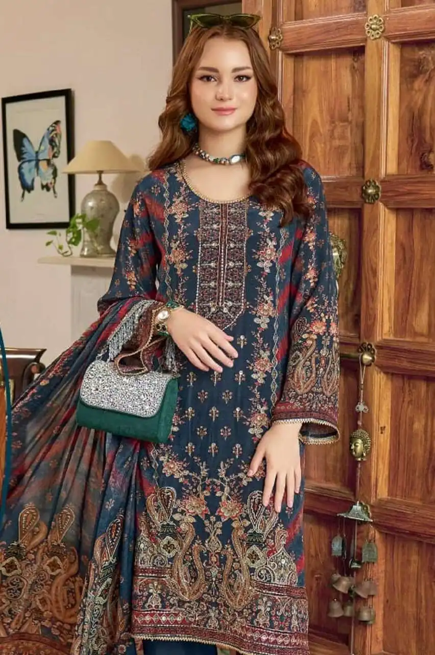 Navy Blue Tabby Satin Digital Print Salwar Suit