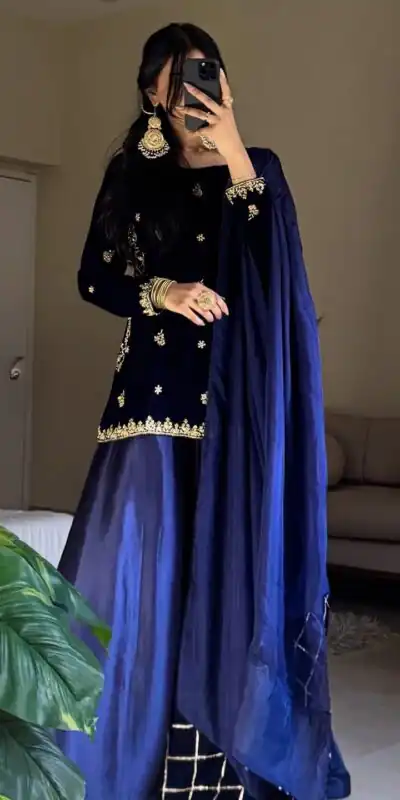 Navy Blue Velvet Sequence Embroidery Work Salwar Suit