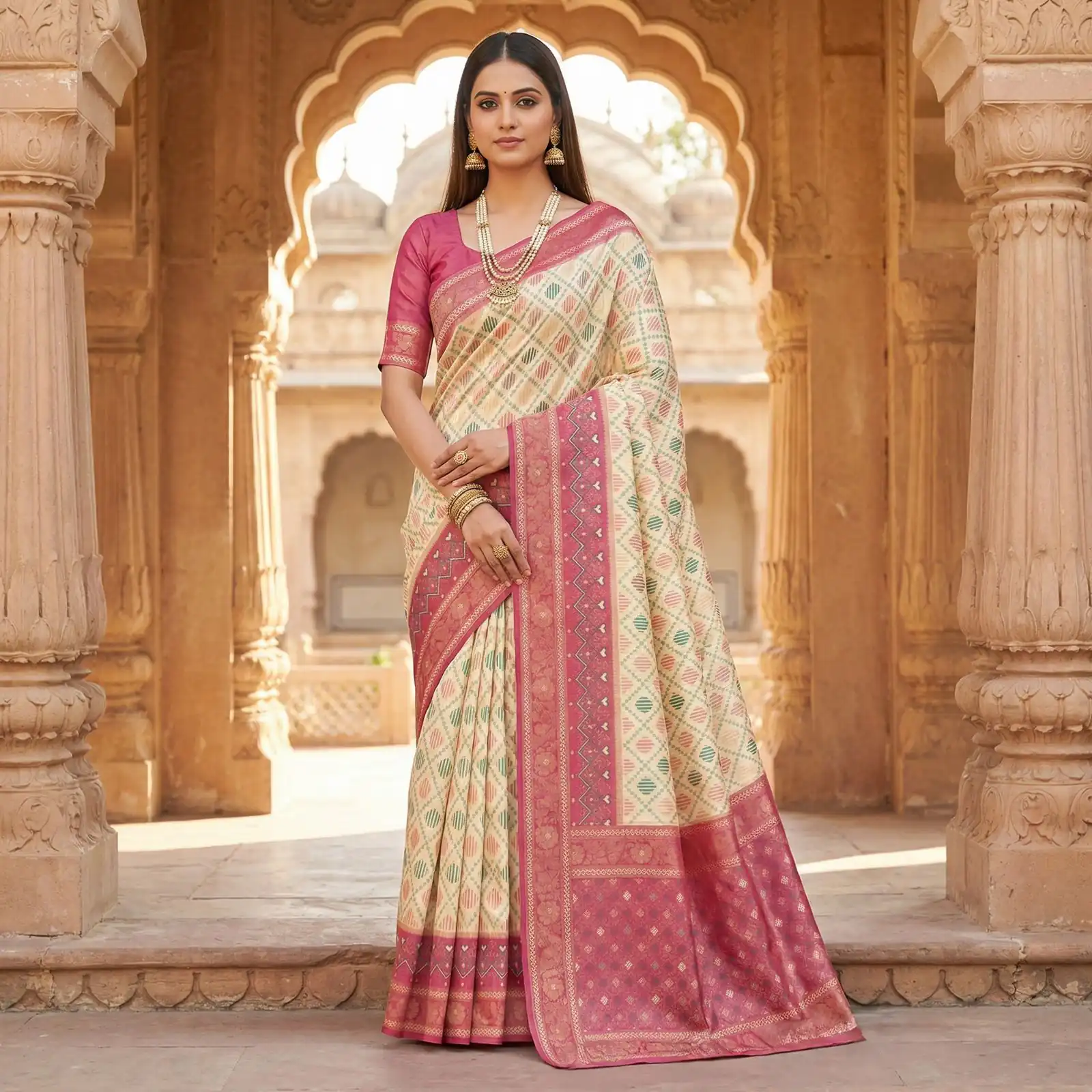Off White Pochampalli Silk Lace Zari Work Saree