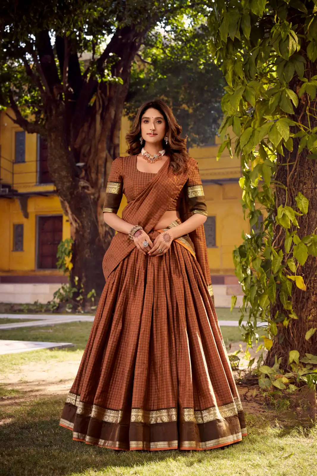 Orange Chettinad Cotton Chex Zari Work Lehenga Choli