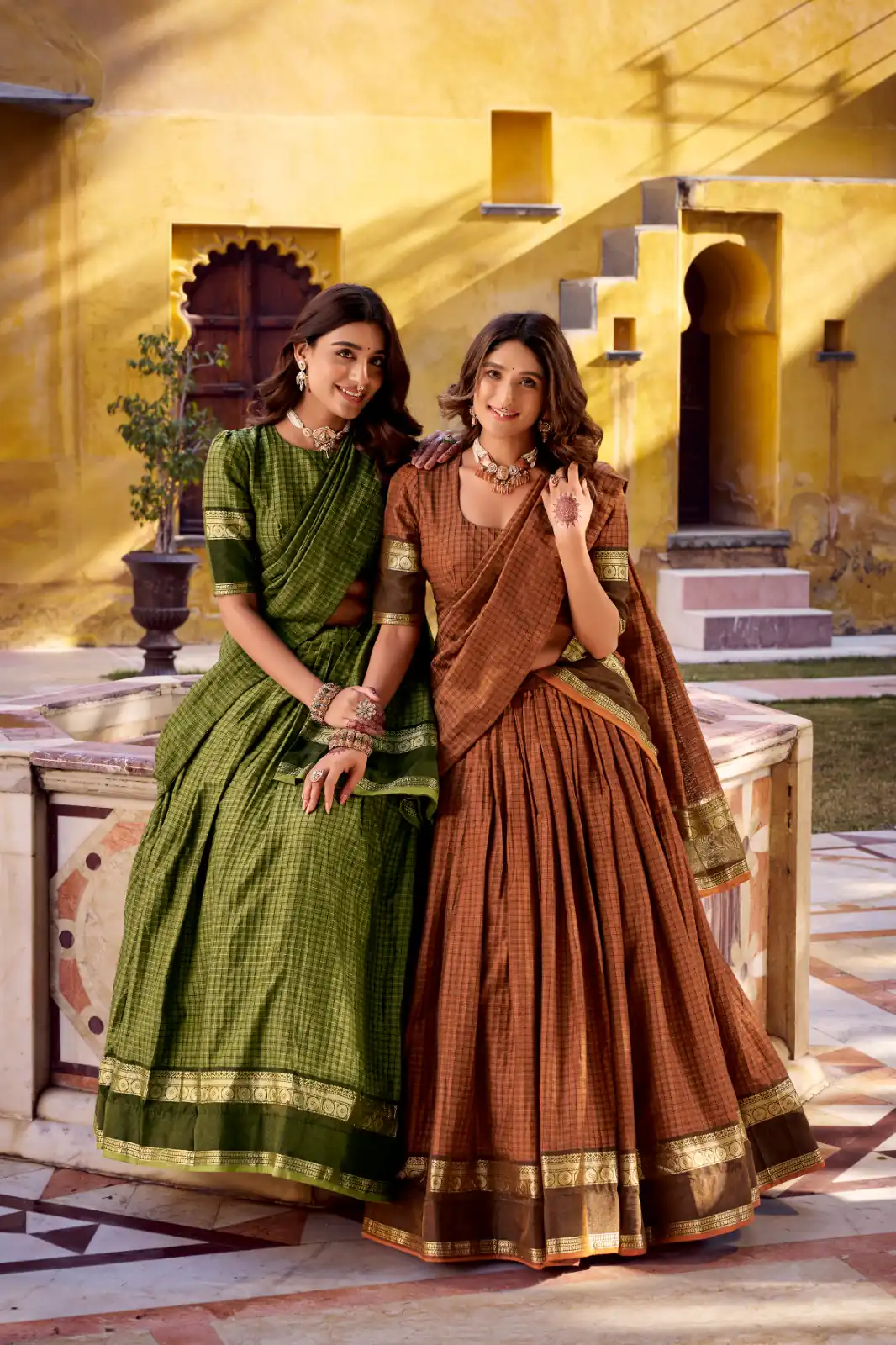 Orange Chettinad Cotton Chex Zari Work Lehenga Choli - Image 4