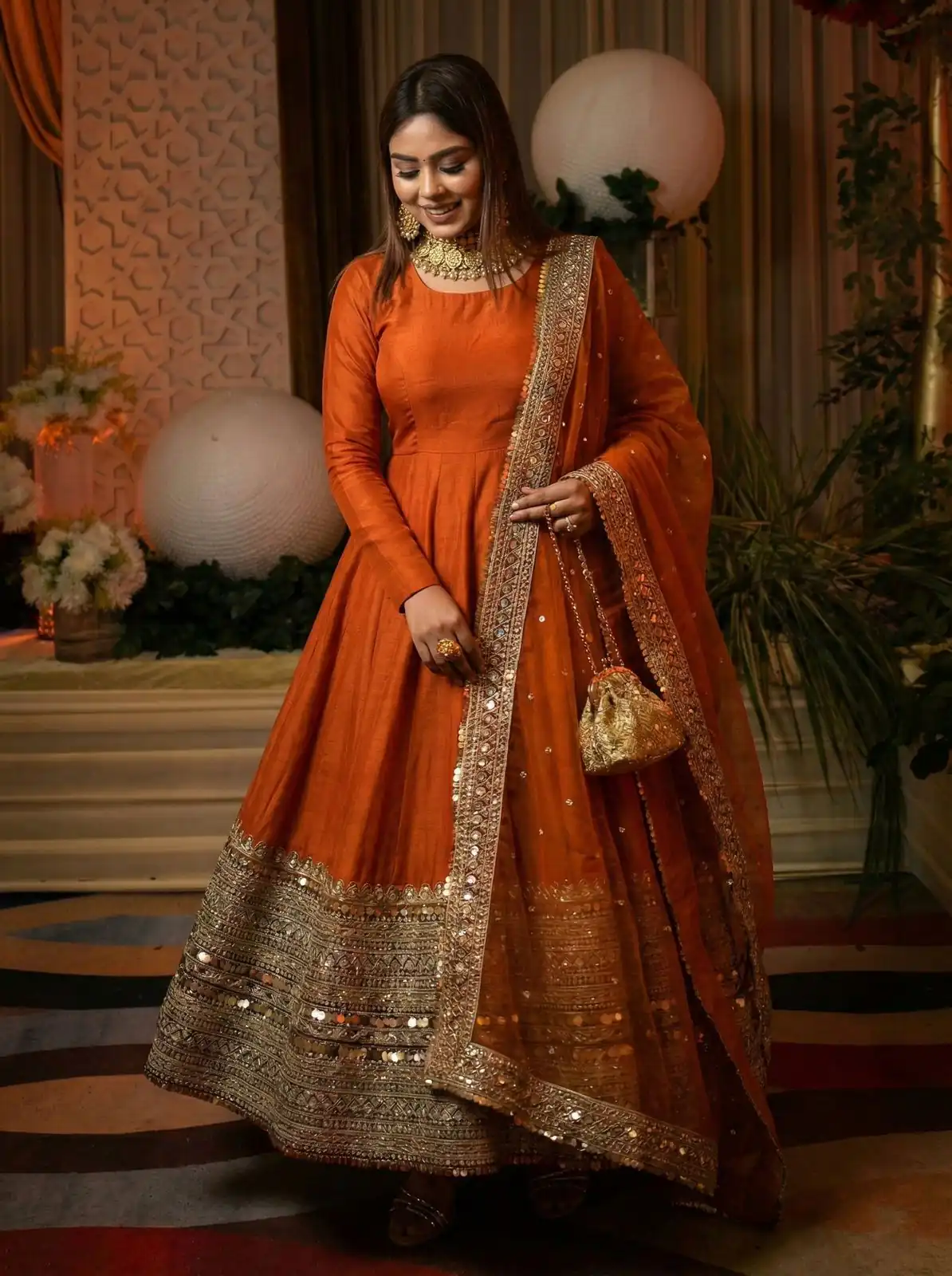 Orange Roman Silk Embroidery Lace Work Gown - Image 3
