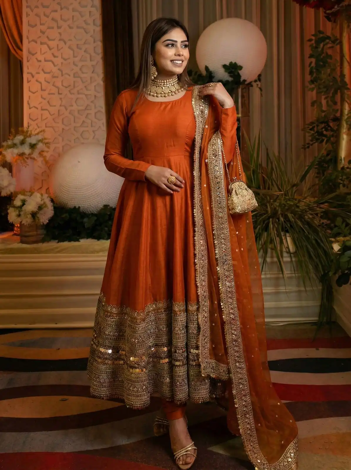 Orange Roman Silk Embroidery Lace Work Gown - Image 2