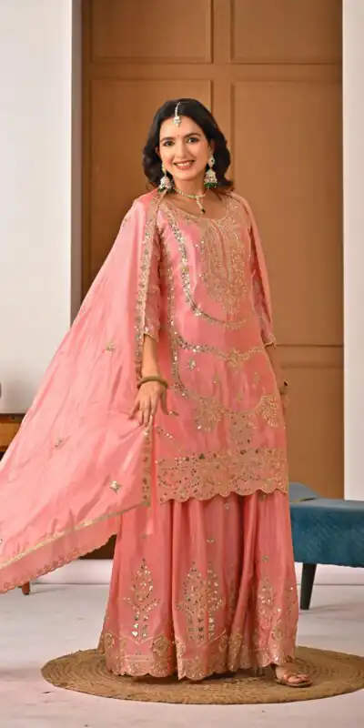 ND 5033 Peach Chinon Silk Salwar Suit with Embroidery Work & Lace Work. Affordable Price ₹2149. Delivery 4-6 Working Days. Shop now. | Jump Suits, Salwar suit, Casual Suits, Creative suits, Designer Suits, Palazzo Suits, Party Wear Suits, Patiala Suits, Straight Suits