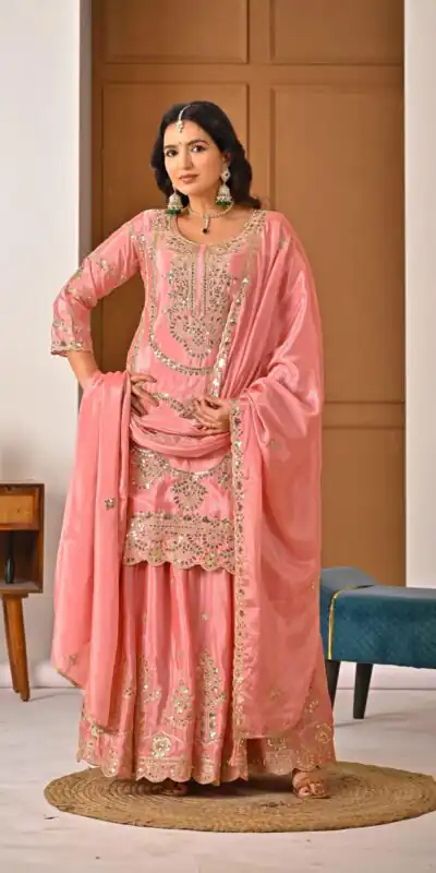ND 5033 Peach Chinon Silk Salwar Suit with Embroidery Work & Lace Work. Affordable Price ₹2149. Delivery 4-6 Working Days. Shop now. | Jump Suits, Salwar suit, Casual Suits, Creative suits, Designer Suits, Palazzo Suits, Party Wear Suits, Patiala Suits, Straight Suits