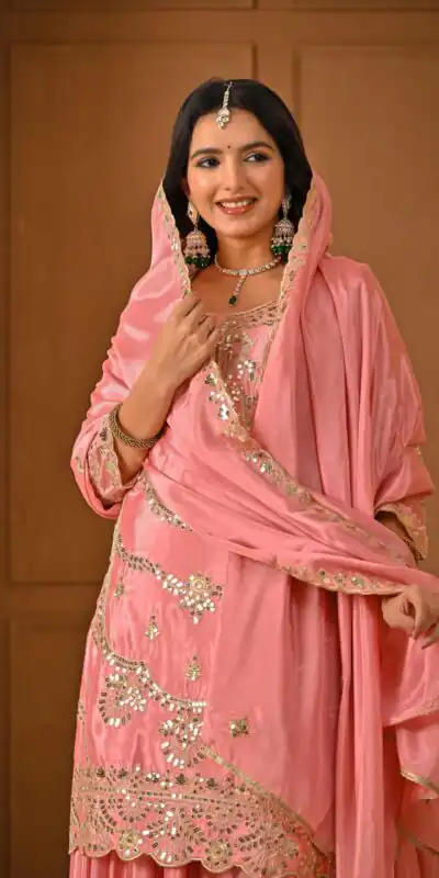 ND 5033 Peach Chinon Silk Salwar Suit with Embroidery Work & Lace Work. Affordable Price ₹2149. Delivery 4-6 Working Days. Shop now. | Jump Suits, Salwar suit, Casual Suits, Creative suits, Designer Suits, Palazzo Suits, Party Wear Suits, Patiala Suits, Straight Suits