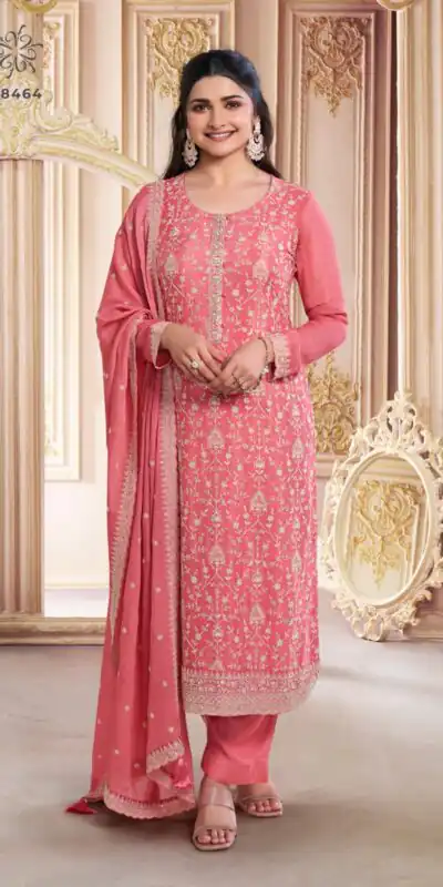 Peach Chinon Zari Embroidery Work Salwar Suit